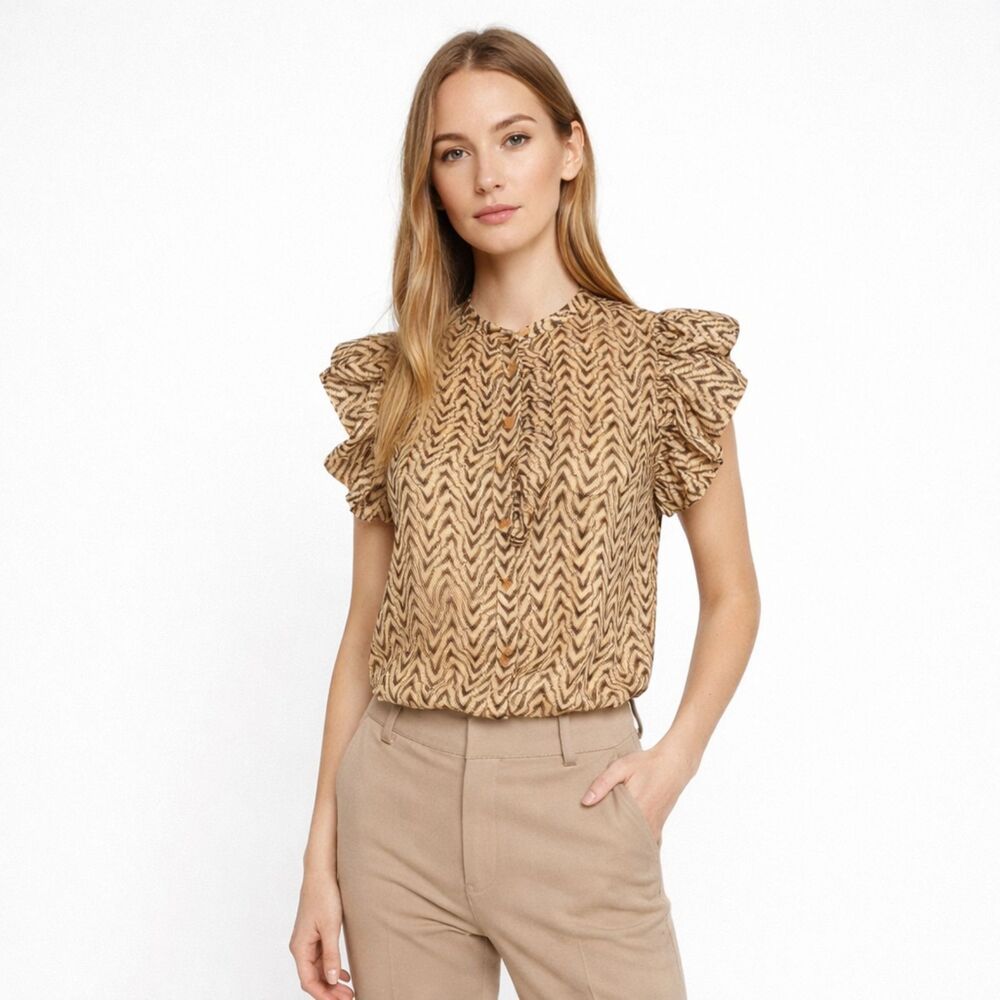 Joie Tan Brown Chevron Ruffle Sleeve Button Front Blouse Size XS Lightweight Top